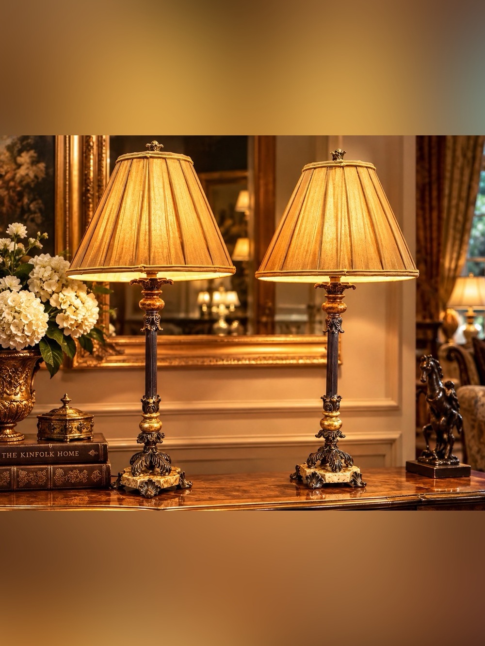 French Empire Style w/Fluted Columns Ornate Acanthus Leaf Details Table Lamps